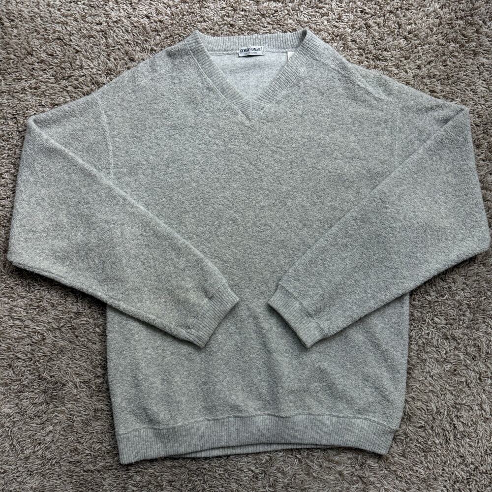 Vintage Giorgio Armani Wool Blend V-Neck Sweater Light Grey Pullover Mens Size M